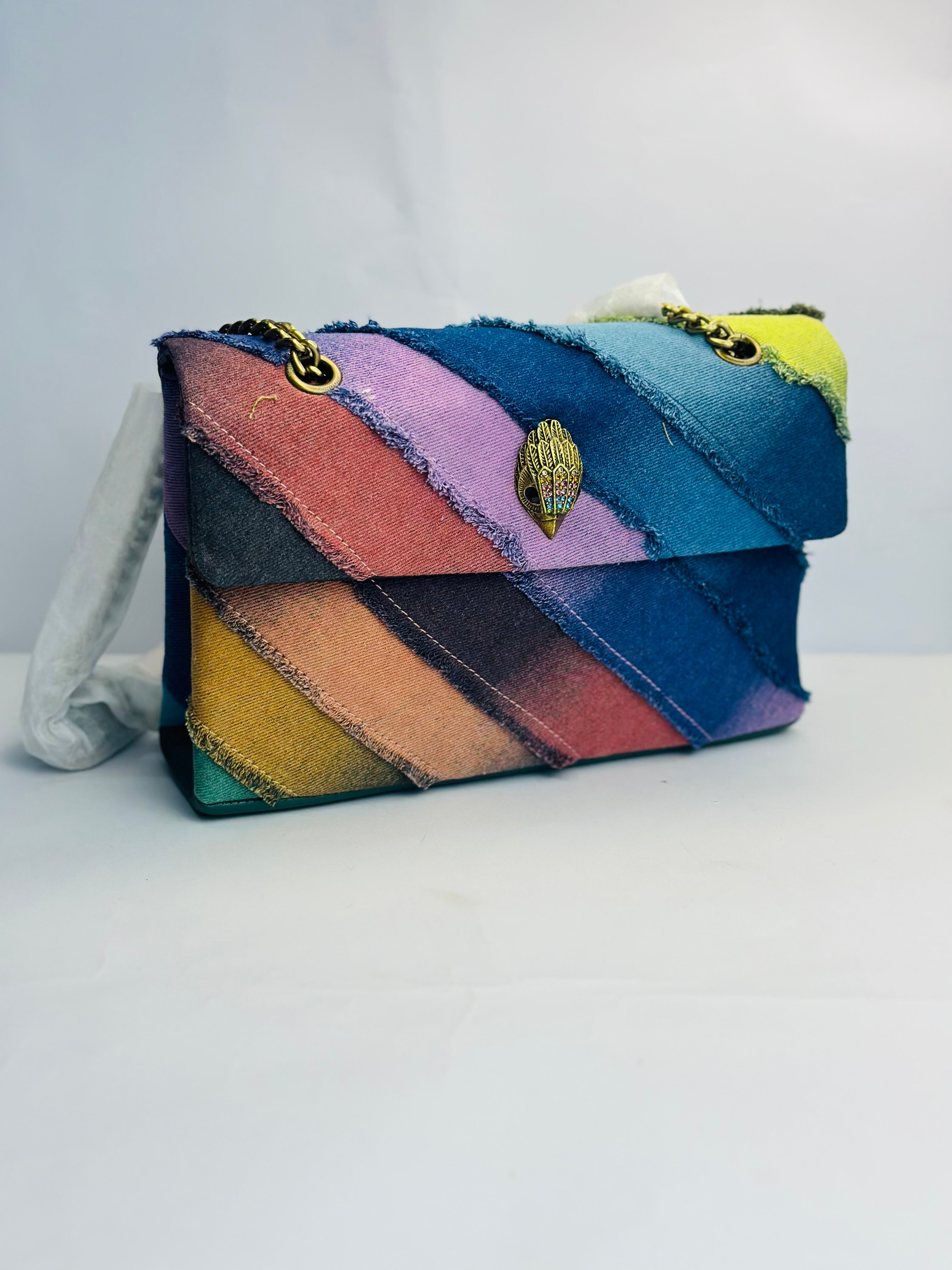 KURT GEIGER INSPIRED KENSINGTON RAINBOW DENIM PATCHWORK BAG