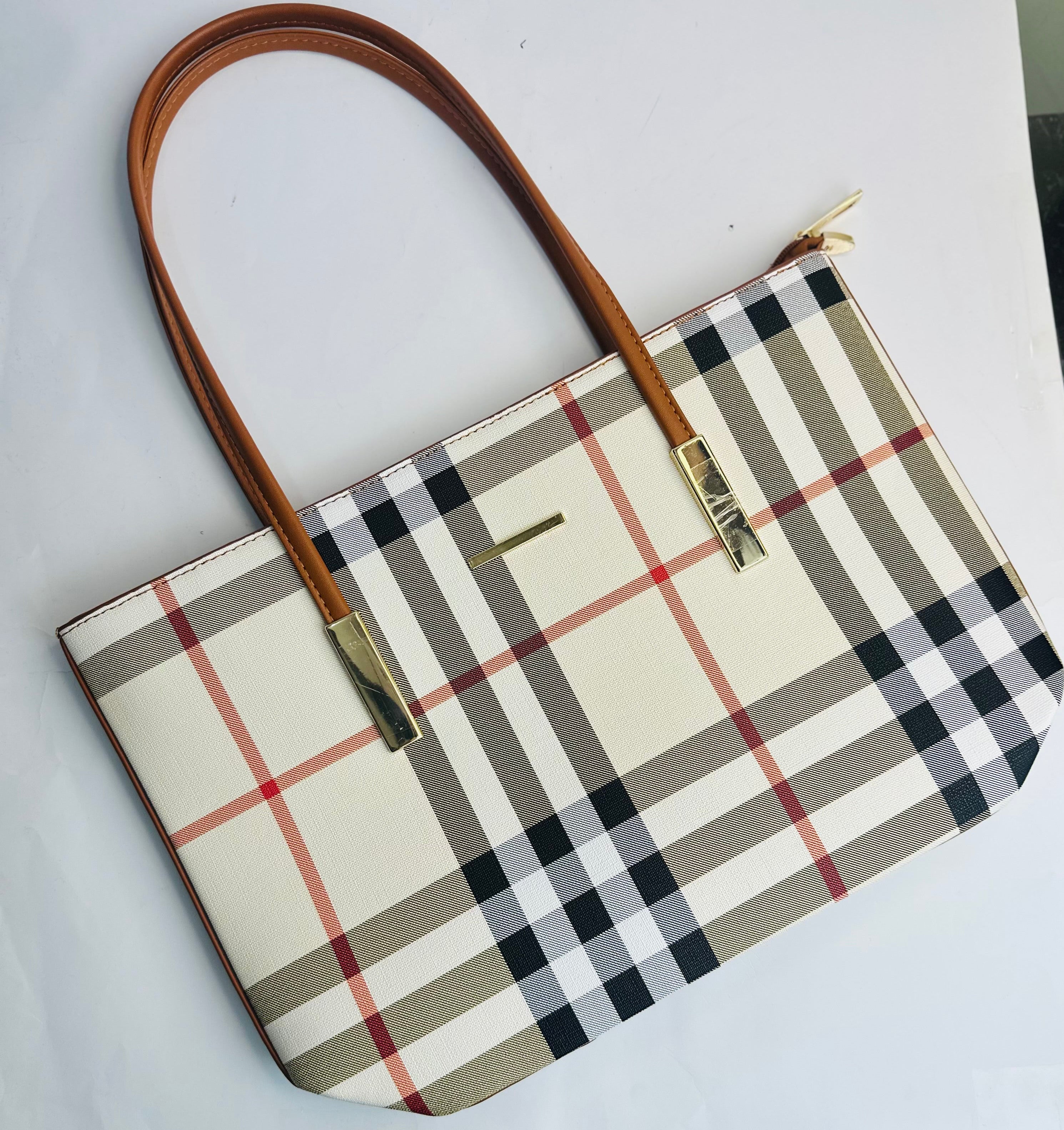 BURBERRY CLASSIC CHECK PRINT TOTE WITH TAN LEATHER STRAPS