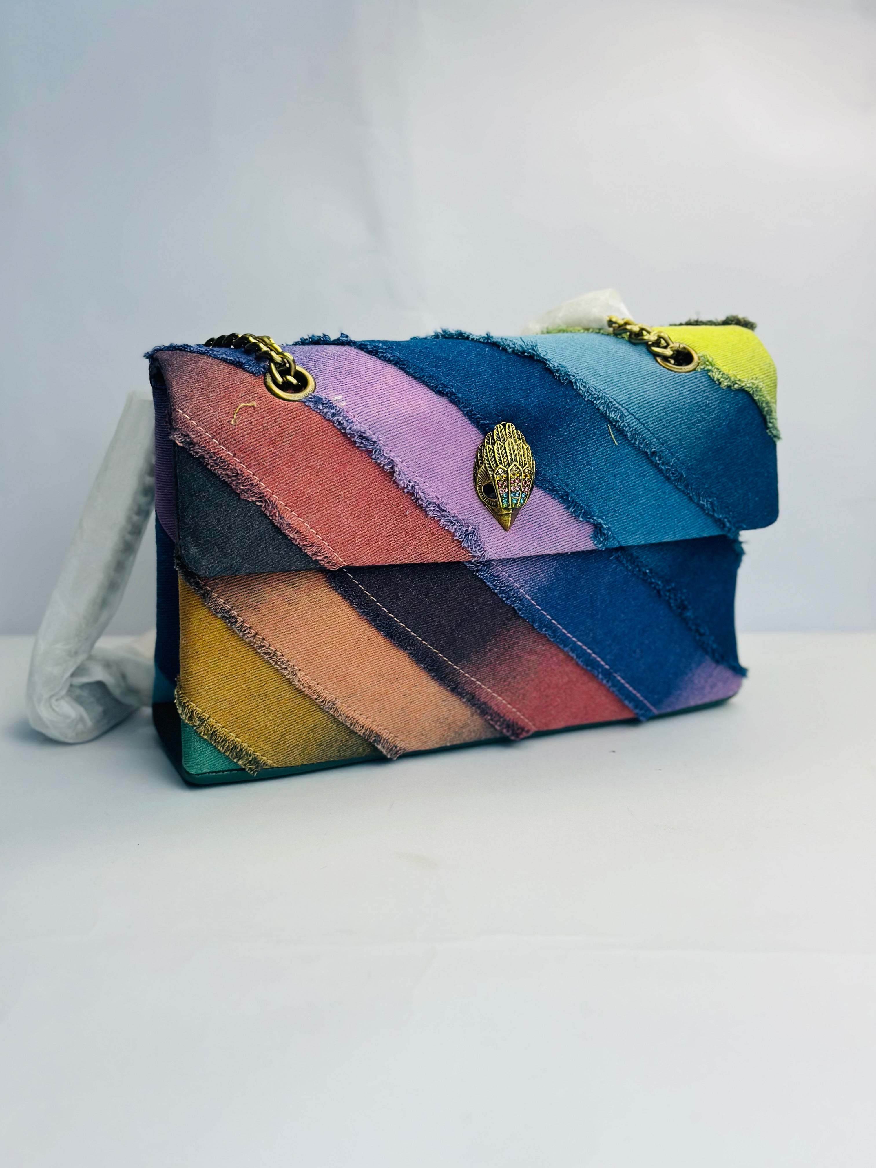 KURT GEIGER INSPIRED KENSINGTON RAINBOW DENIM PATCHWORK BAG