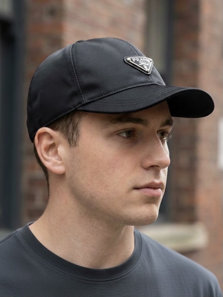 A man wearing a black baseball cap with a silver-toned triangular logo patch on the front, photographed outdoors against a blurred brick wall background.