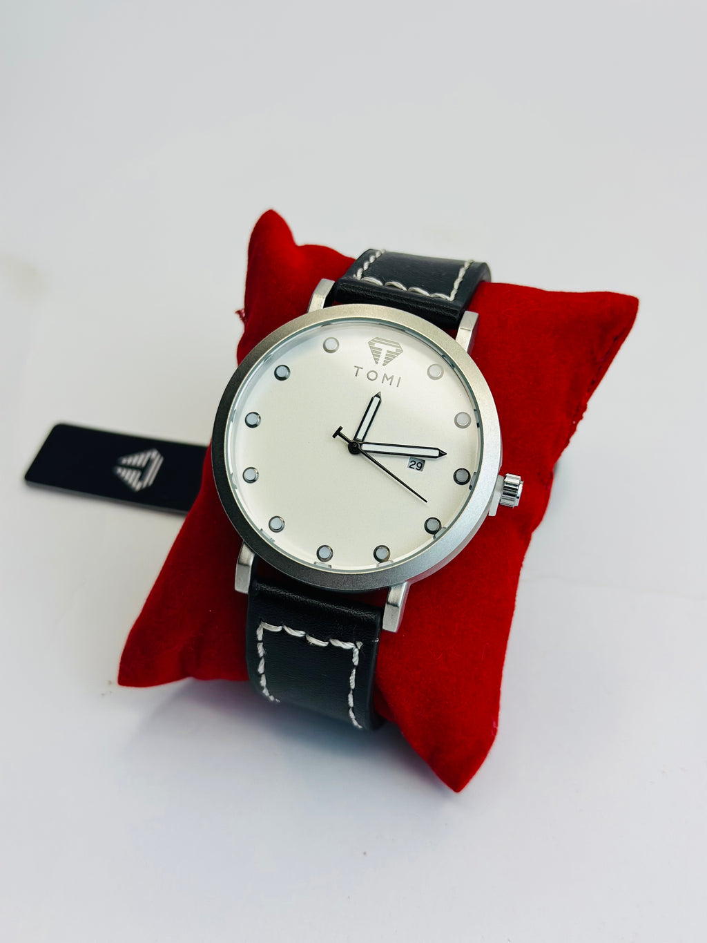 TOMI Mens Analog Watch - White&Black Dial - Genuine Leather Strap With box