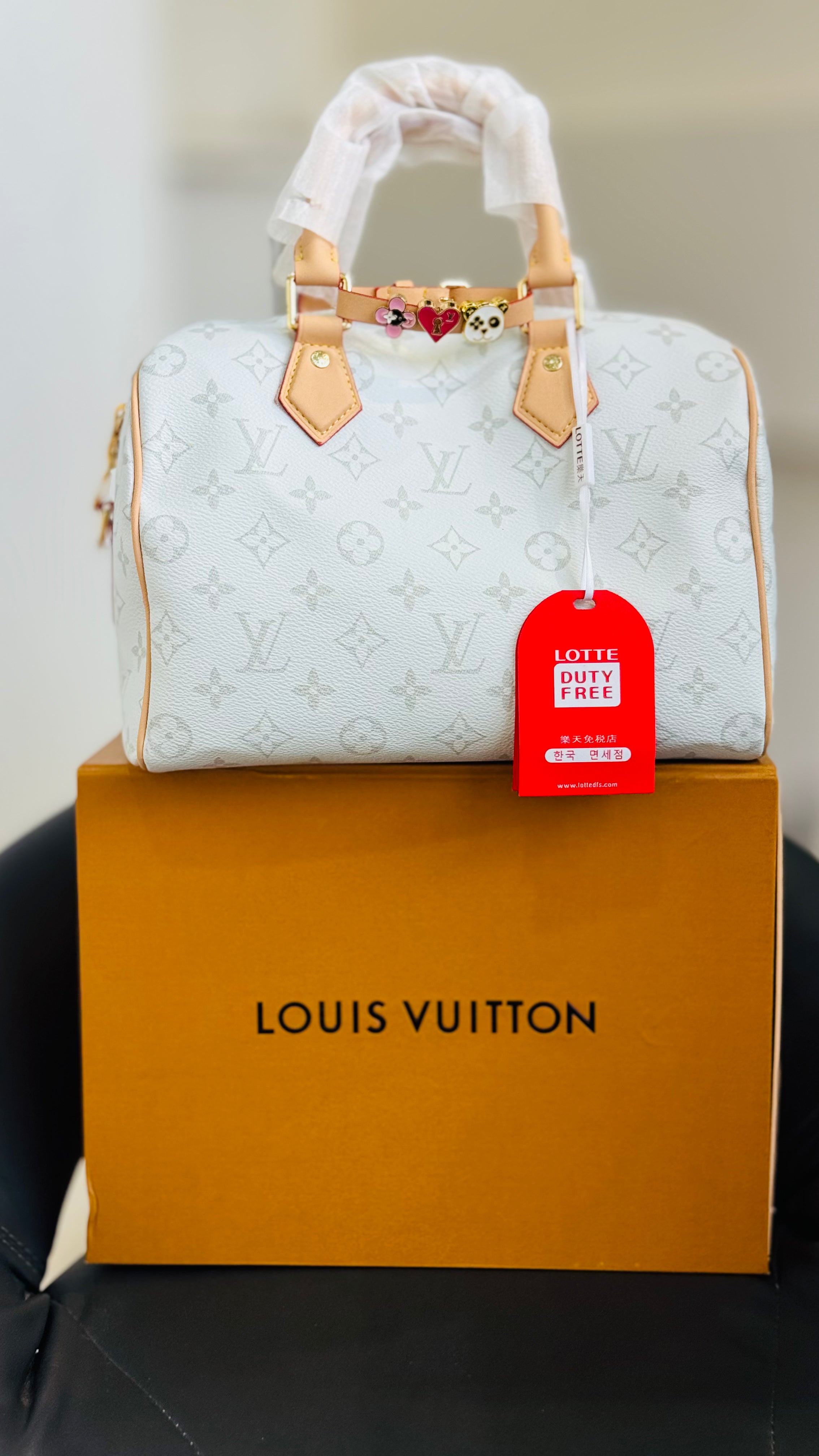 Louis Vuitton White Monogram Speedy Bag with Box & Charm | Elegant Luxury Handbag