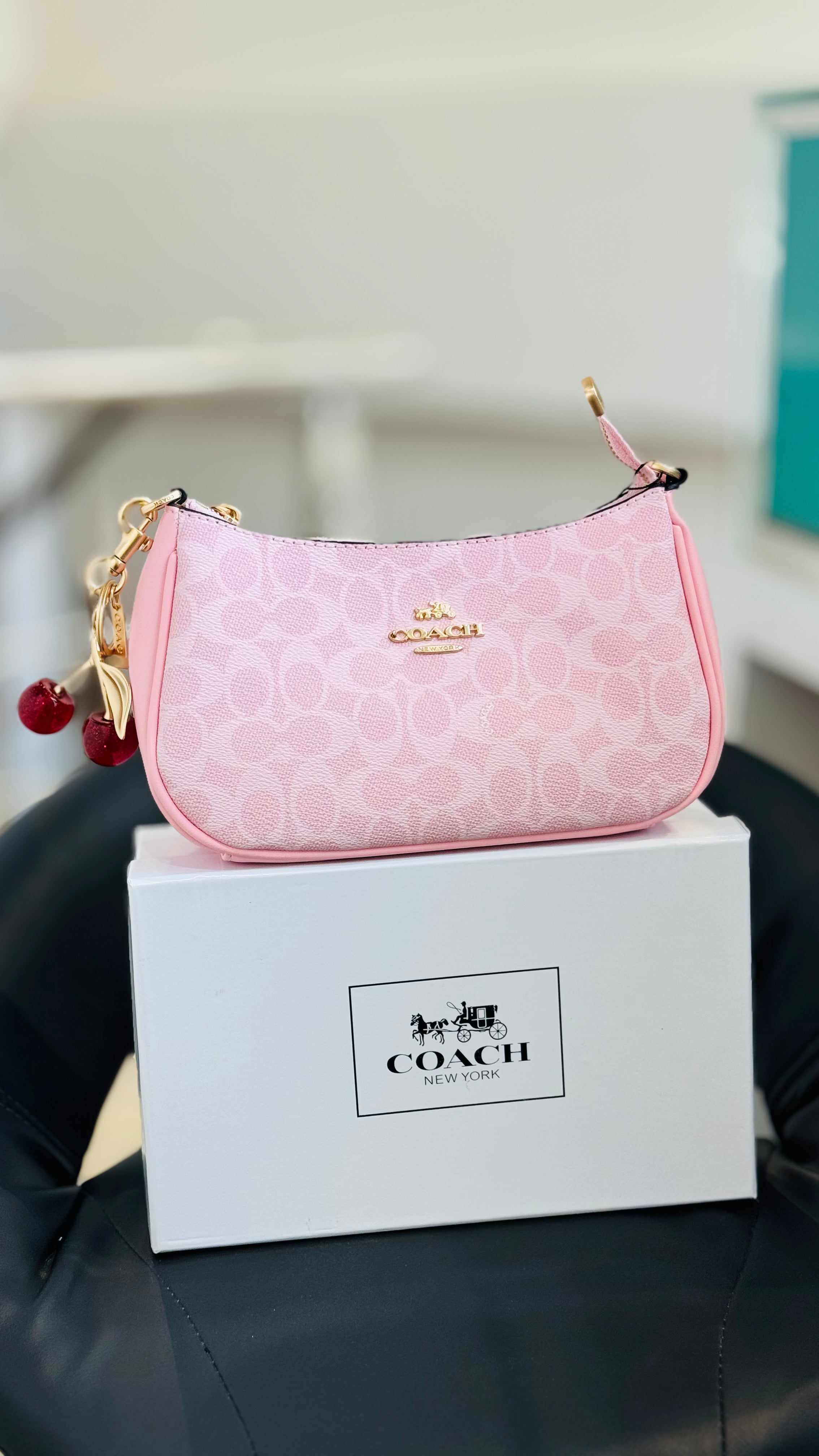 Coach Pink Moon Bag Set with Cherry Keychain and Box